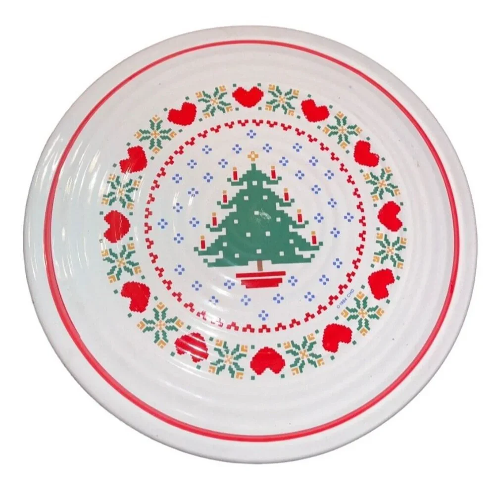 Vtg Treasure Craft Pottery Cross Stitch Farmhouse Christmas Tree Hearts Trivet